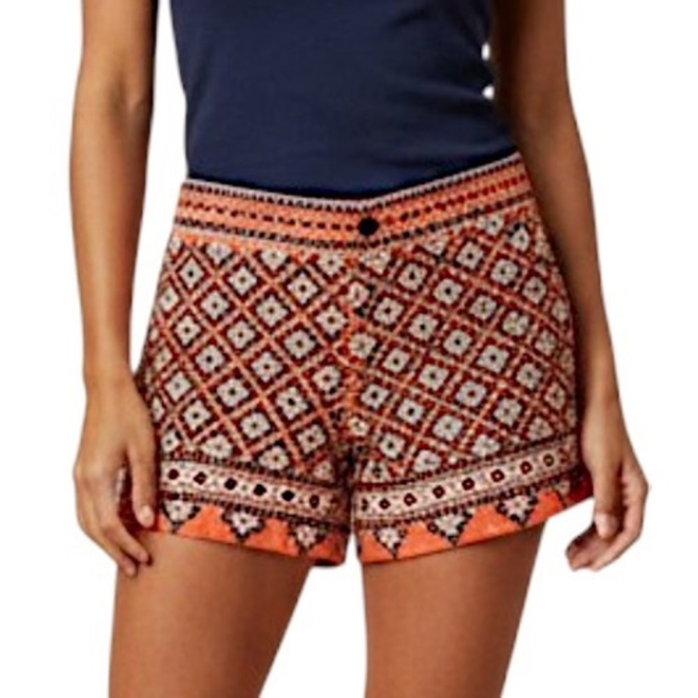 THML Anthropologie ORANGE/NAVY/IVORY Cotton/Linen CHINO SHORTS Embroidered S